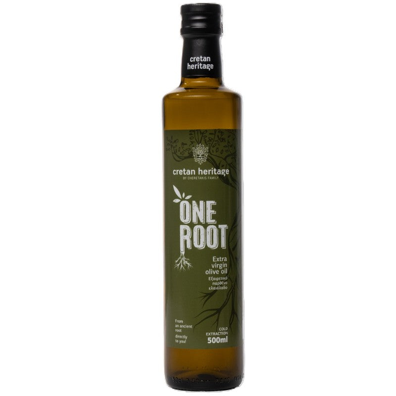 Fles Cretan Heritage One Root Extra Vierge Olijfolie 500 ml – koudgeperste olijfolie uit Kissamos, middelmatig fruitig en vegan.