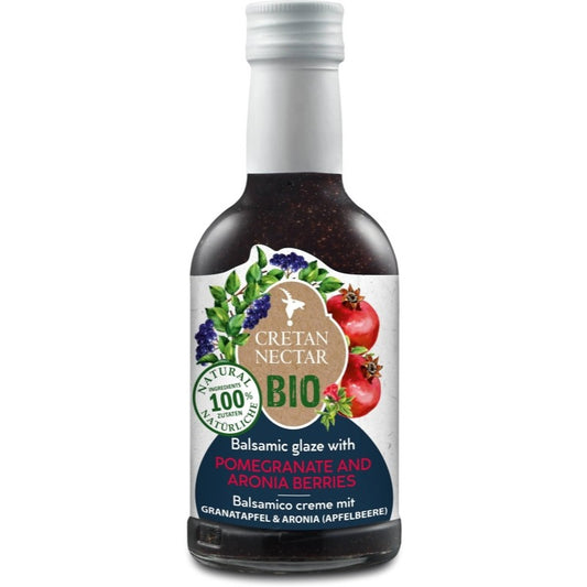 Glazen fles biologische balsamicocrème van Cretan Nectar, 200 ml, met granaatappel en aroniabessen, afkomstig uit Kreta, geschikt voor salades, vlees en yoghurt.