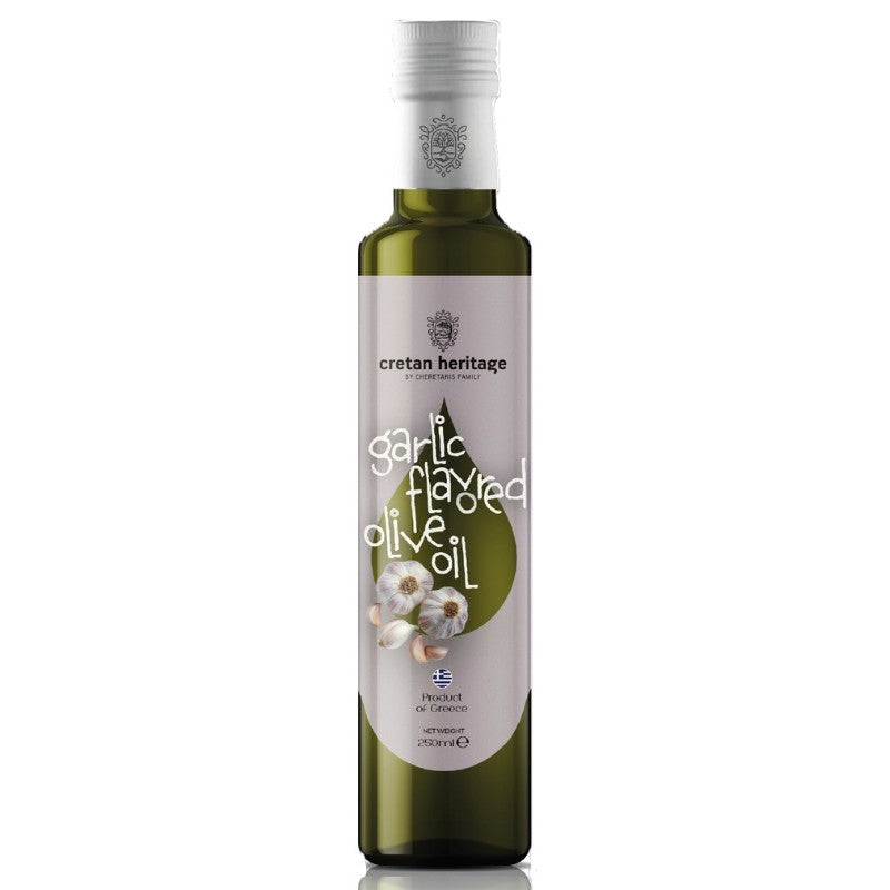 Cretan Heritage Knoflook Olijfolie 250 ml – Aromatische extra Vierge olijfolie met knoflook. Ideaal voor pasta, pizza, brood, marinades en Mediterrane gerechten.