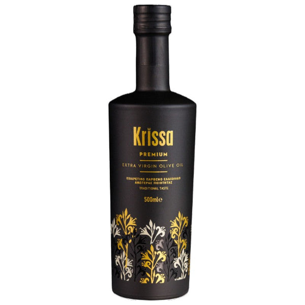 Krissa Olijfolie 500 ml: extra Vierge olijfolie van het zeldzame Tsounati‑ras uit Noordwest‑Kreta. Hand‑geoogst, zacht en fruitig. Perfect voor salades, brood en groenten.