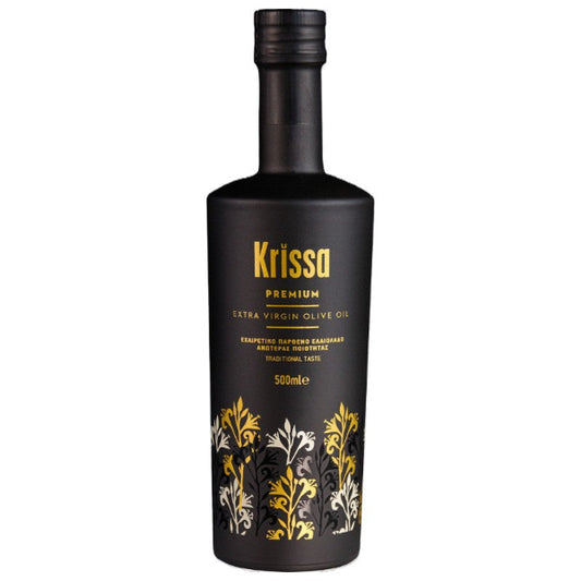Krissa Olijfolie 500 ml: extra Vierge olijfolie van het zeldzame Tsounati‑ras uit Noordwest‑Kreta. Hand‑geoogst, zacht en fruitig. Perfect voor salades, brood en groenten.