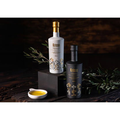 Pure, zachte Krissa Premium olijfolie van Tsounati‑olijven - authentieke extra Vierge kwaliteit uit de heuvels van Kreta.