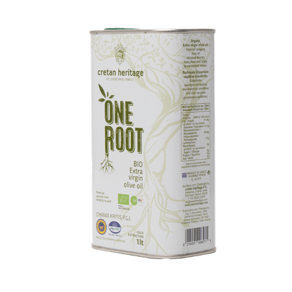 Ervaar de pure kracht van Kreta met Cretan Heritage One Root BIO olijfolie. Intens fruitig, koudgeperst en 100% natuurlijk - ideaal voor koken, salades en dagelijks gebruik in grootverpakking