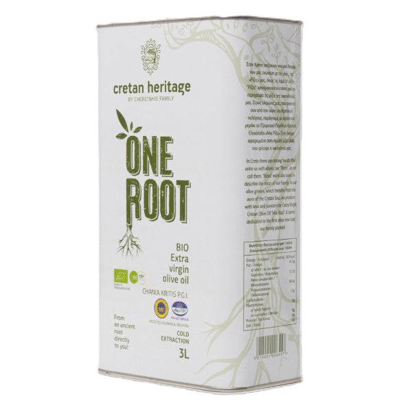 Ervaar de pure kracht van Kreta met Cretan Heritage One Root BIO olijfolie. Intens fruitig, koudgeperst en 100% natuurlijk - ideaal voor koken, salades en dagelijks gebruik in grootverpakking.