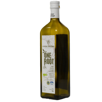 Biologische Cretan Heritage One Root olijfolie - koudgeperst, middelmatig fruitig en perfect voor koken, salades en dagelijks gebruik.