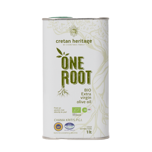 Biologische extra Vierge olijfolie uit Kreta. Fruitig, zacht en koudgeperst. Cretan Heritage One Root BIO – premium kwaliteit voor dagelijks gebruik.