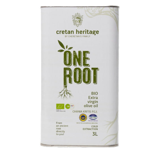 Biologische extra Vierge olijfolie uit Kreta. Fruitig, zacht en koudgeperst. Cretan Heritage One Root BIO – premium kwaliteit voor dagelijks gebruik.