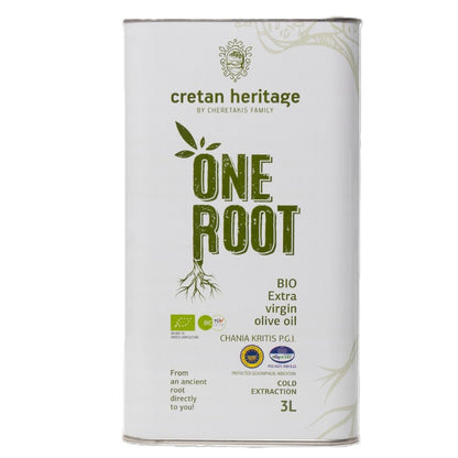 Cretan Heritage One Root BIO olijfolie 3L – Intens fruitige, koudgeperste extra vierge olijfolie van Koroneiki‑olijven. Ideaal voor koken, salades en dagelijks gebruik.