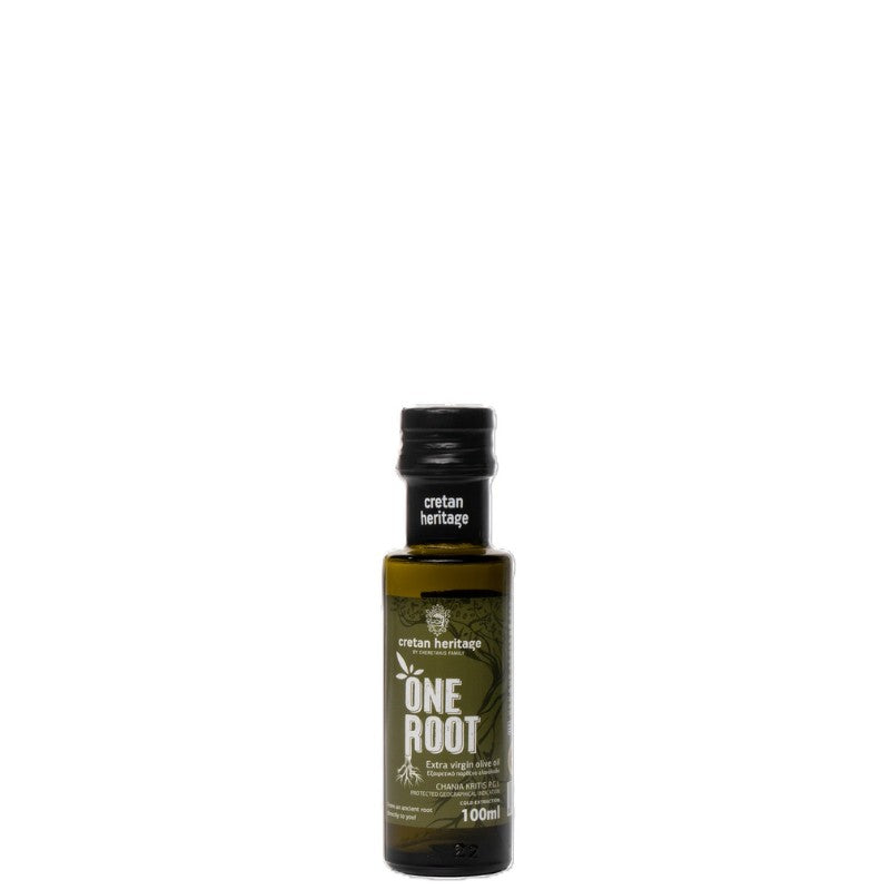 Cretan Heritage One Root olijfolie 100 ml – Intens fruitige, koudgeperste extra vierge olijfolie van Koroneiki‑olijven. Ideaal voor salades, dips en dagelijks gebruik.