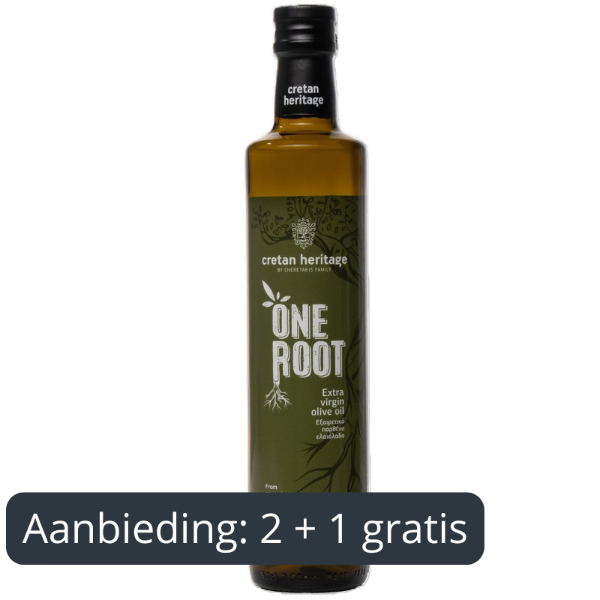 One Root Olijfolie 500 ml: premium extra Vierge olijfolie uit Kreta. Koudgeperst, fruitig en rijk aan antioxidanten. Ideaal voor salades, dips en dagelijks gebruik.