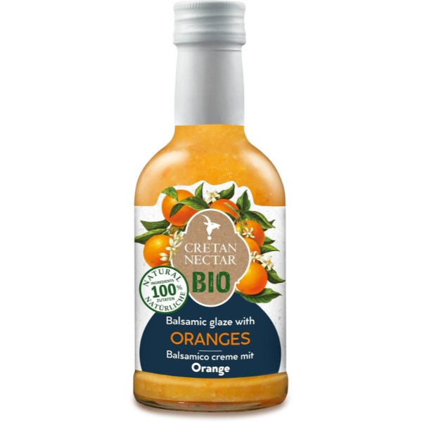 Biologische balsamico crème met sinaasappel van Cretan Nectar. Fris, fruitig en natuurlijk gezoet. Heerlijk bij salades, vis, groenten, desserts en kaas.