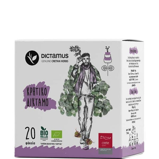 Verpakking Karteraki® Biologische Diktamos thee met 20 zakjes, gevuld met met de hand geoogste kruiden van Kreta, 100% biologisch en cafeïnevrij.