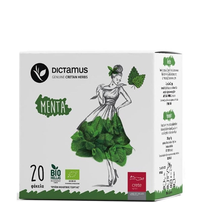 Verpakking Karteraki® Biologische Muntthee met 20 zakjes, gevuld met 100% muntblaadjes uit Kreta, cafeïnevrij en biologisch gecertificeerd.