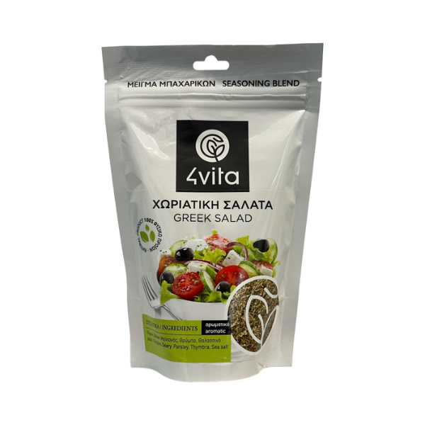 Biologische Griekse Salade Kruidenmix van 4Vita. Frisse Mediterrane blend met oregano, tijm, munt en peterselie. Vegan, glutenvrij en ideaal voor salades & dressings. 75 g.