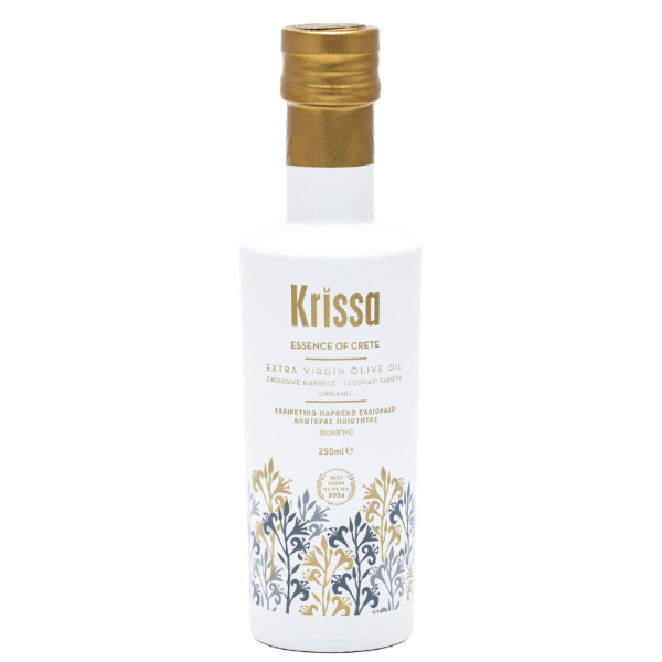 Krissa BIO Olijfolie 250 ml: biologische extra Vierge Tsounati‑olijfolie uit Noordwest‑Kreta. Hand‑geoogst, koudgeperst, intens fruitig en rijk aan natuurlijke antioxidanten.
