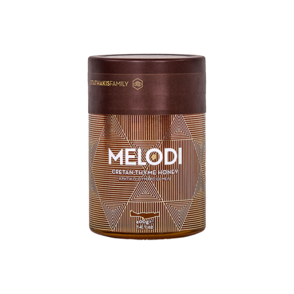 Aromatische Melodi Cretan Thyme Honey van de Stathakis Family. Pure, geurige tijmhoning uit West‑Kreta. Perfect voor yoghurt, thee, kazen en desserts. 100% natuurlijk.