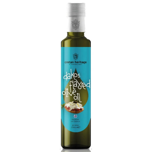 Cretan Heritage Dakos Olijfolie 250 ml: extra Vierge olijfolie met tomaat en oregano, geïnspireerd op de Kretenzische Dakos. Perfect voor salades, brood, dips en Mediterrane gerechten.