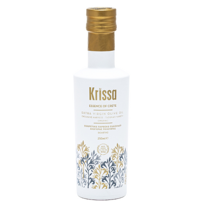 Krissa BIO Olijfolie 250 ml: biologische extra Vierge Tsounati‑olijfolie uit Noordwest‑Kreta. Hand‑geoogst, koudgeperst, intens fruitig en rijk aan natuurlijke antioxidanten.