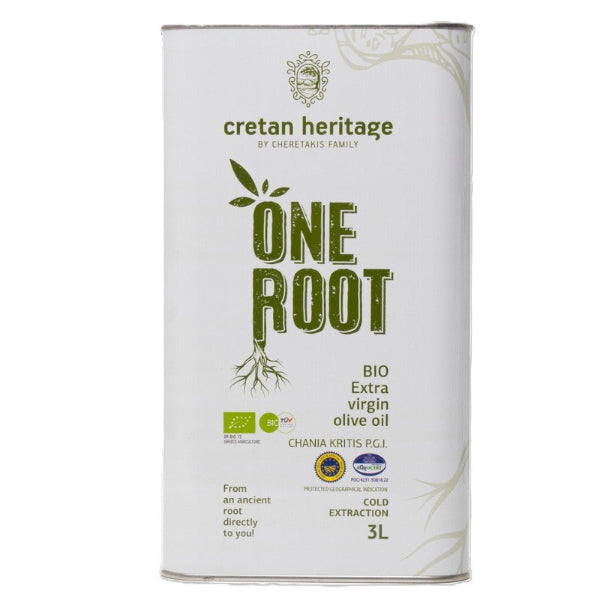 One Root BIO Olijfolie 3L: biologische extra Vierge olijfolie uit West‑Kreta. Fruitig, koudgeperst en gemaakt van 100% Koroneiki‑olijven. Premium 3L blik.