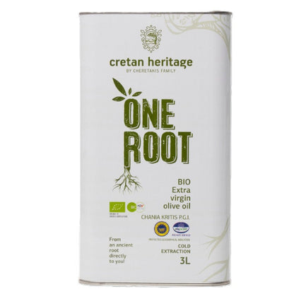 One Root BIO Olijfolie 3L: biologische extra Vierge olijfolie uit West‑Kreta. Fruitig, koudgeperst en gemaakt van 100% Koroneiki‑olijven. Premium 3L blik.
