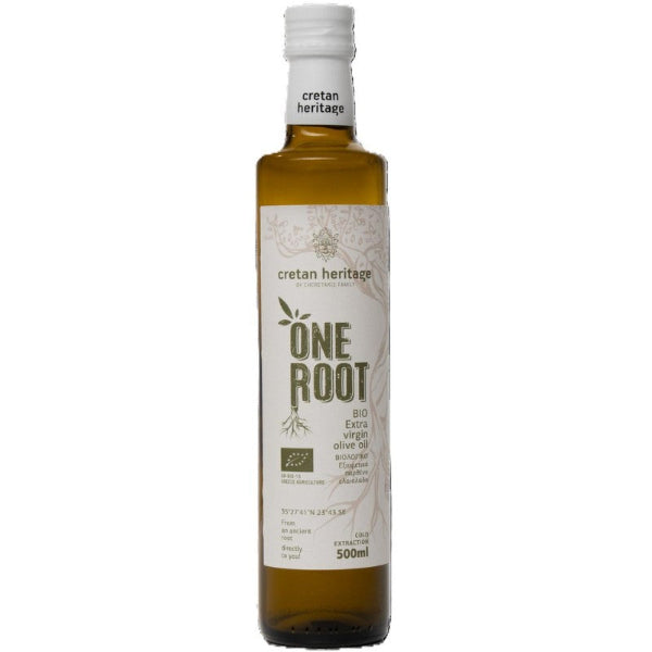 One Root BIO Olijfolie 500ml: biologische extra Vierge olijfolie uit Kreta. Koudgeperst, middelmatig fruitig en rijk aan antioxidanten. Perfect voor salades, brood en dagelijks koken.