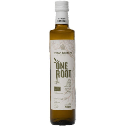 One Root BIO Olijfolie 500ml: biologische extra Vierge olijfolie uit Kreta. Koudgeperst, middelmatig fruitig en rijk aan antioxidanten. Perfect voor salades, brood en dagelijks koken.