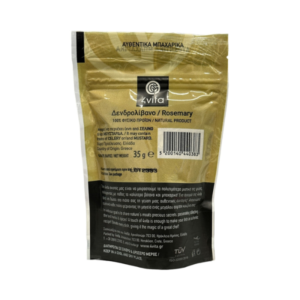 Deze biologische 4Vita rozemarijn wordt met de hand geoogst in de heuvels rond Heraklion en langzaam gedroogd voor een intens aroma en een krachtige mediterrane smaak.