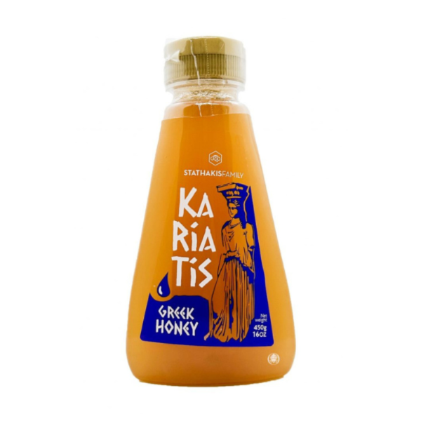 Stathakis Greek Honey Kariatis Squich – Zachte, aromatische honing uit Kreta. 100% natuurlijk en perfect voor yoghurt, thee, kazen en desserts.