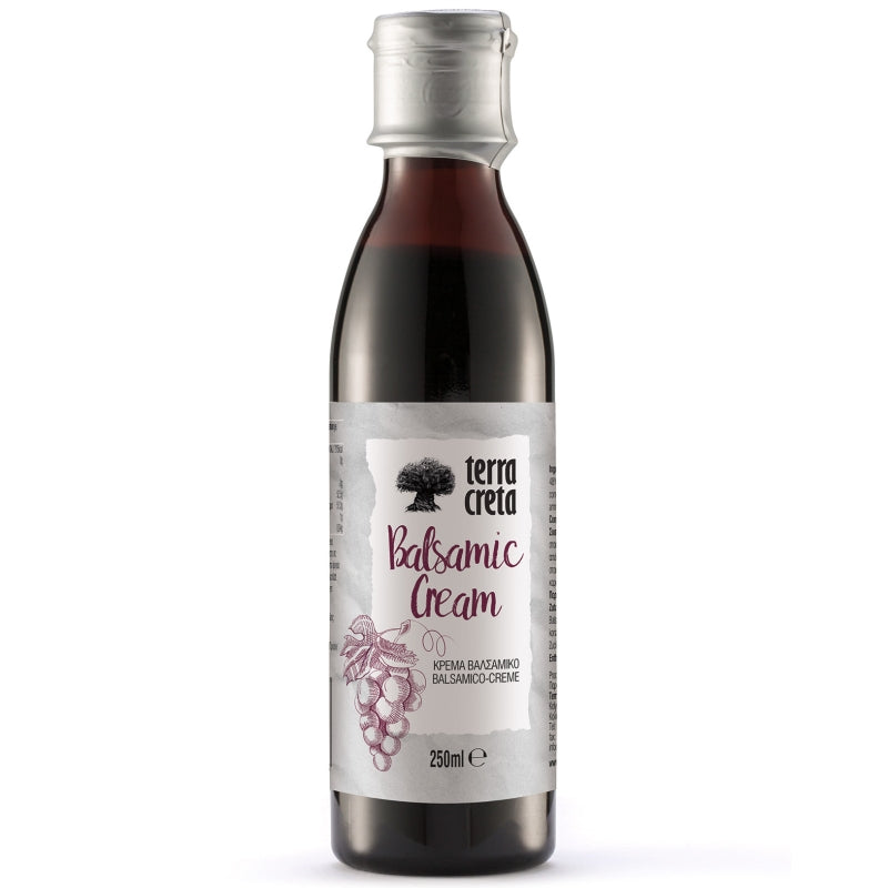 Fles Terra Creta balsamico crème van 250 ml uit Kreta, met rijke balsamicoazijn en druivenmost, geschikt voor salades, vlees, vis en desserts.