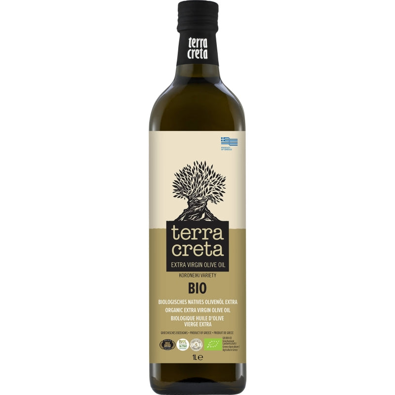 Fles biologische extra vierge olijfolie van Terra Creta, 1 liter, koudgeperst uit Koroneiki-olijven, afkomstig uit Kolymvari, Kreta.