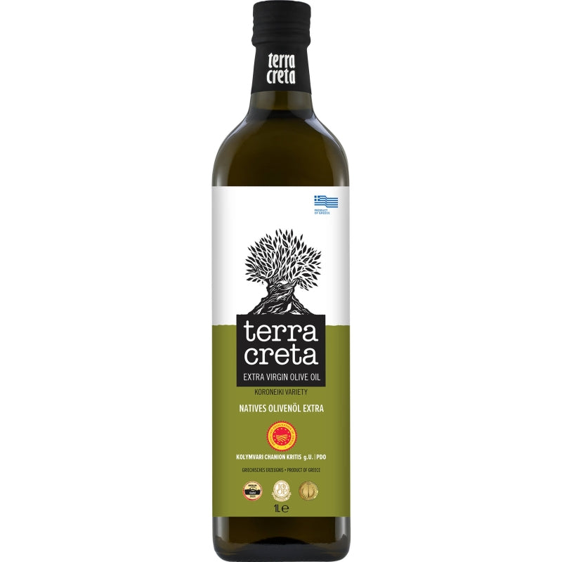 Fles Terra Creta Extra Vierge Olijfolie PDO 1 liter – koudgeperste olijfolie uit Kolymvari, Kreta, met beschermde oorsprongsbenaming.
