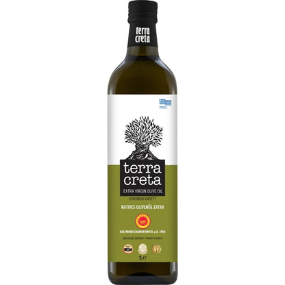 Fles Terra Creta Extra Vierge Olijfolie PDO 1 liter – koudgeperste olijfolie uit Kolymvari, Kreta, met beschermde oorsprongsbenaming.