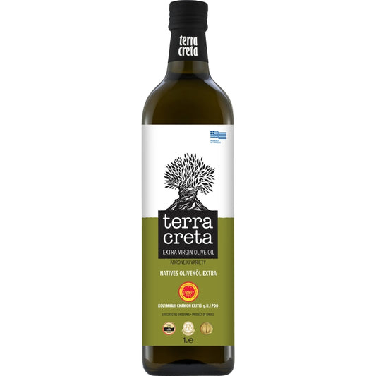 Fles Terra Creta Extra Vierge Olijfolie PDO 1 liter – koudgeperste olijfolie uit Kolymvari, Kreta, met beschermde oorsprongsbenaming.