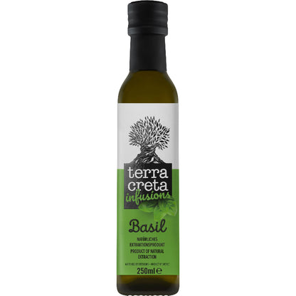 Fles Terra Creta Extra Vierge Olijfolie met basilicum 250 ml – aromatische olijfolie uit Kreta, ideaal voor salades, marinades en mediterrane gerechten.