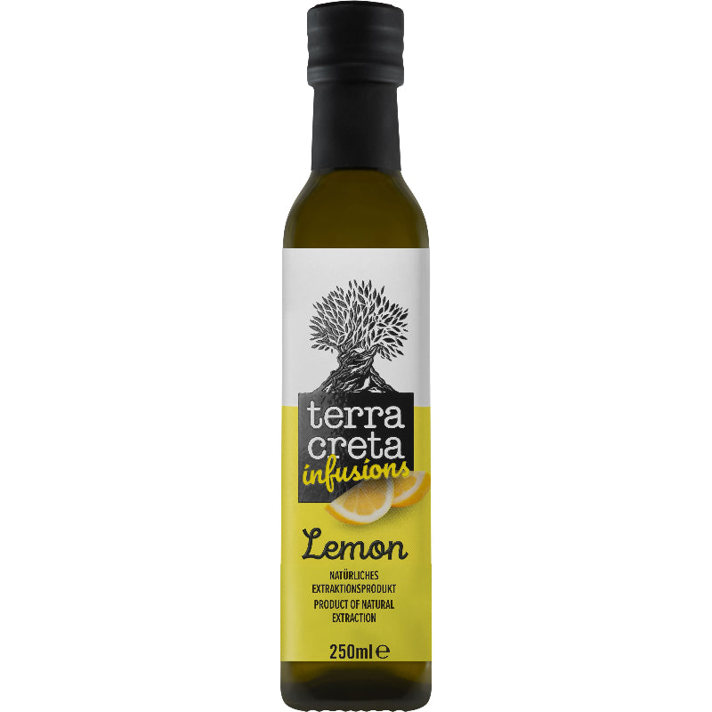 Fles Terra Creta Extra Vierge Olijfolie met citroen 250 ml – frisse, aromatische olijfolie uit Kreta, ideaal voor salades, vis en mediterrane gerechten.