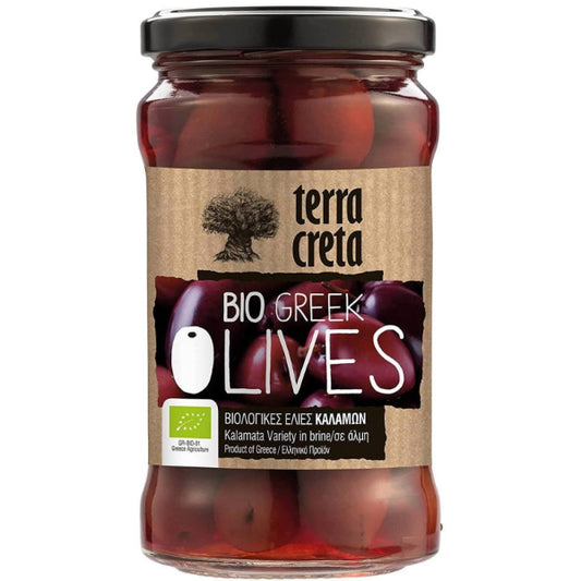 Biologische Kalamata‑olijven uit Kreta. Puur, vol van smaak en ideaal voor salades, borrelplanken en mediterrane gerechten. Authentieke kwaliteit van Terra Creta.