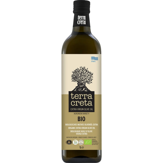 Biologische Terra Creta Extra Vierge Olijfolie uit Kolymvari. Intens fruitig, koudgeperst en 100% Koroneiki. Premium biologische olijfolie uit West‑Kreta.
