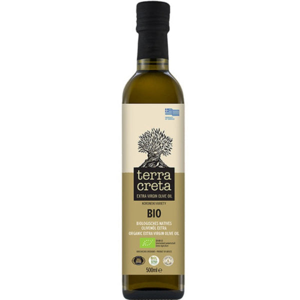 Biologische Extra Vierge olijfolie van Terra Creta. 500 ml koudgeperste Koroneiki‑olijfolie uit Kolymvari. Zacht fruitig, puur en ideaal voor salades, dips en mediterrane gerechten.