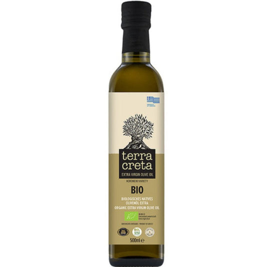 Biologische Extra Vierge olijfolie van Terra Creta. 500 ml koudgeperste Koroneiki‑olijfolie uit Kolymvari. Zacht fruitig, puur en ideaal voor salades, dips en mediterrane gerechten.