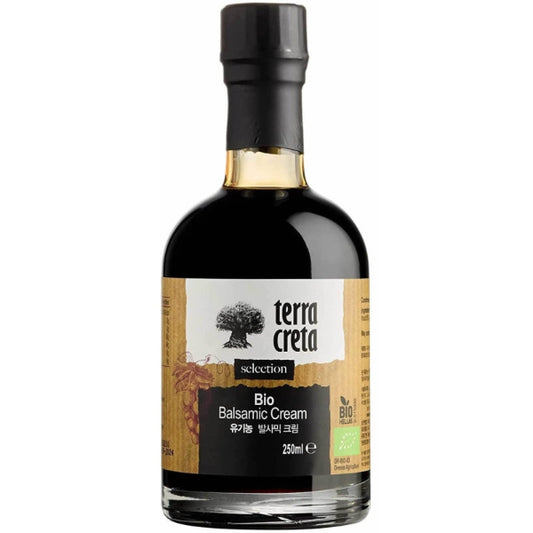Biologische balsamico crème van Terra Creta. Rijk, stroperig en natuurlijk gezoet. Perfect voor salades, gegrilde groenten, vlees, kaas en desserts.