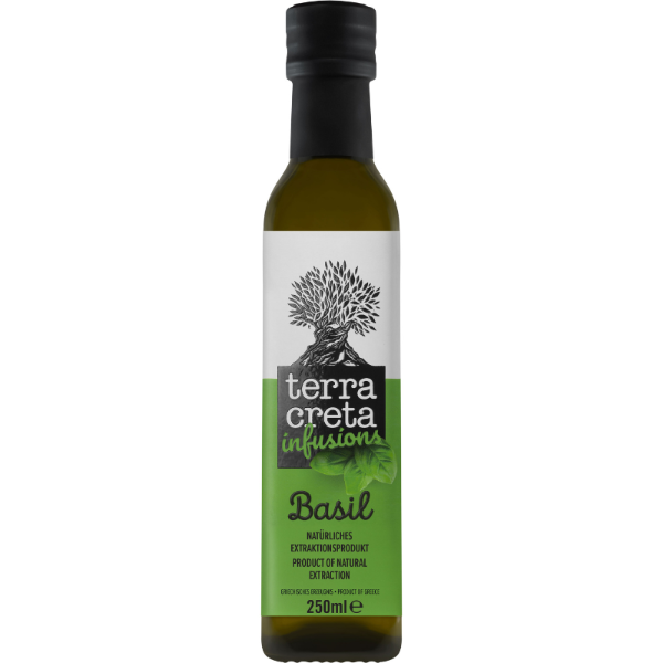 Frisse basilicum‑infused Extra Vierge Olijfolie van Terra Creta. Gemaakt van Koroneiki‑olijven uit Kolymvari. Ideaal voor salades, pasta, pizza en Caprese. 