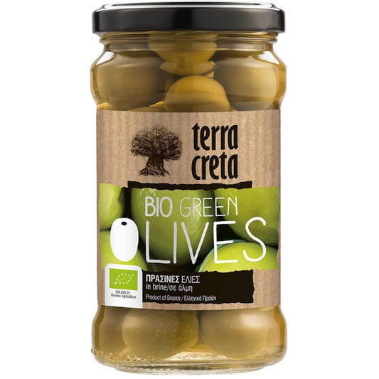 Terra Creta Biologische Groene Olijven 160 g. Knapperig, fris en natuurlijk gefermenteerd. Puur product uit Kolymvari (Kreta), zonder conserveermiddelen. Perfect voor salades, pizza en borrelplanken.
