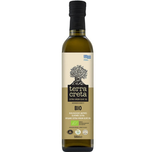 Biologische Extra Vierge olijfolie van Terra Creta. 500 ml koudgeperste Koroneiki‑olijfolie uit Kolymvari (Kreta). Zacht fruitig, puur en ideaal voor salades, dressings, brood en mediterrane gerechten.