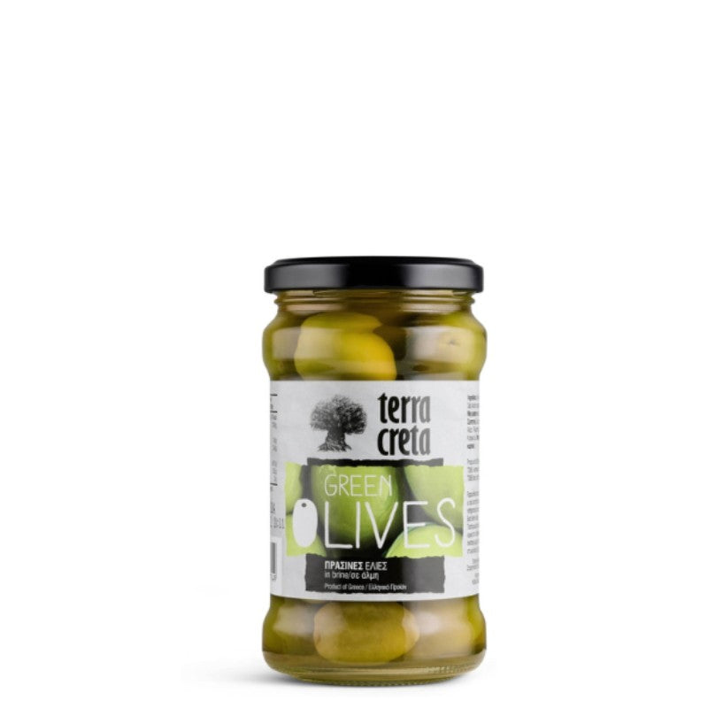 Glazen pot met groene Chalkidiki-olijven uit Kreta, ingelegd in zoutoplossing – authentiek, knapperig en ideaal voor salades en mediterrane gerechten.