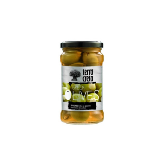 Groene Olijven met Amandelen 160 g van Terra Creta – Unieke combinatie van hartige olijven en knapperige amandelen. Perfect voor tapas, salades en borrelplanken.