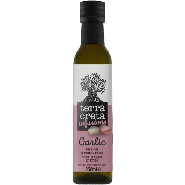 Aromatische knoflook‑infused Extra Vierge Olijfolie van Terra Creta. Gemaakt van Koroneiki‑olijven uit Kolymvari. Perfect voor pasta, vlees, dips en mediterrane marinades. 250 ml.
