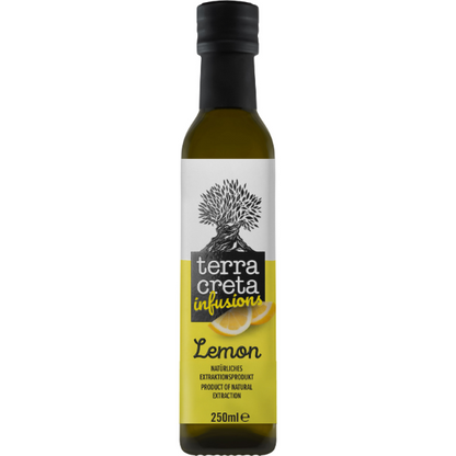 Frisse citroen‑infused Extra Vierge Olijfolie van Terra Creta. Gemaakt van Koroneiki‑olijven uit Kolymvari. Perfect voor salades, vis, pasta en mediterrane gerechten. 250 ml.