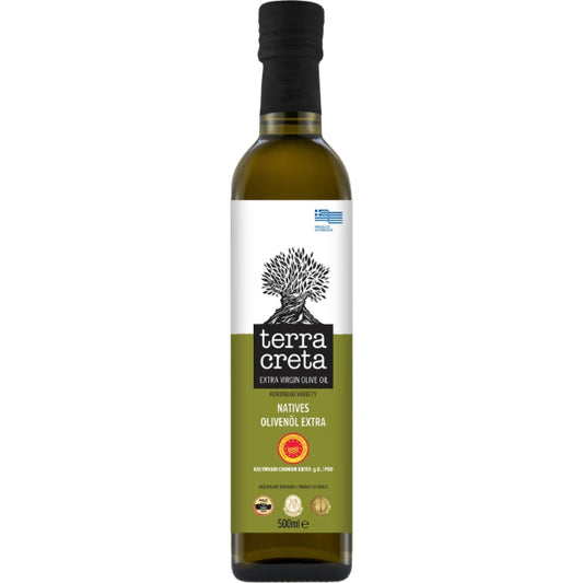 Premium Terra Creta olijfolie uit PDO Kolymvari. Intens fruitig, koudgeperst en bekroond. Perfect voor salades, groenten, dips en mediterrane gerechten.