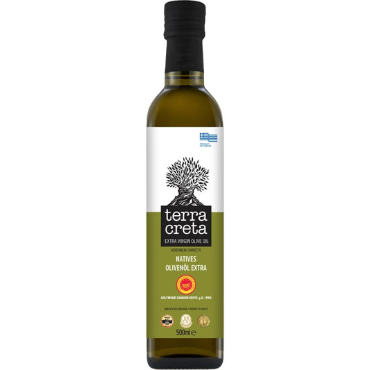 Premium Terra Creta olijfolie uit PDO Kolymvari. Intens fruitig, koudgeperst en bekroond. Perfect voor salades, groenten, dips en mediterrane gerechten.