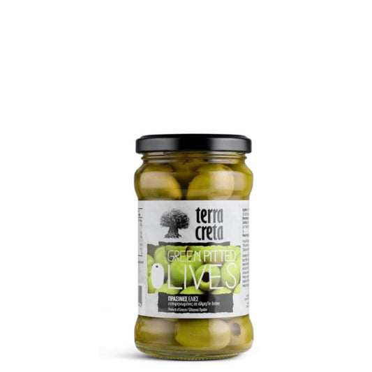 Glazen pot met ontpitte groene Chalkidiki-olijven uit Noord-Griekenland – authentiek, knapperig en ideaal voor salades en mediterrane gerechten.